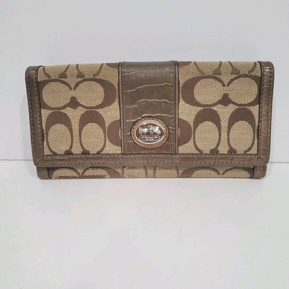 Coach Long Wallet Stripe Croc Envelope Metalic Brown Designer Large Leather - Picture 1 of 10